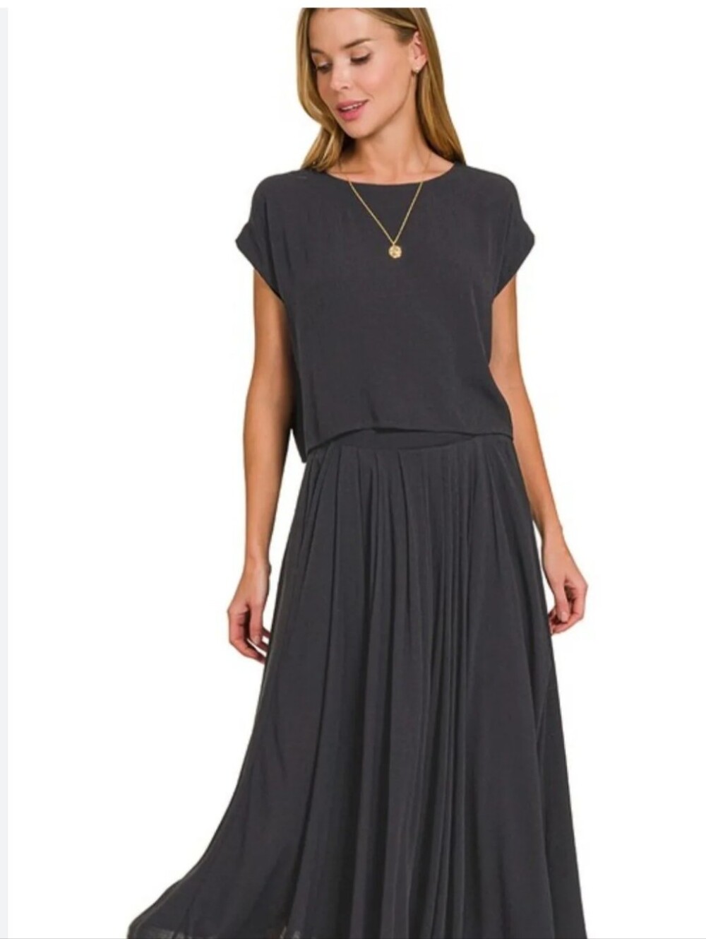 Zenana Women's Black Pleated Midi Skirt And Matching Top